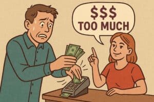 Man paying cash to service provider at desk.